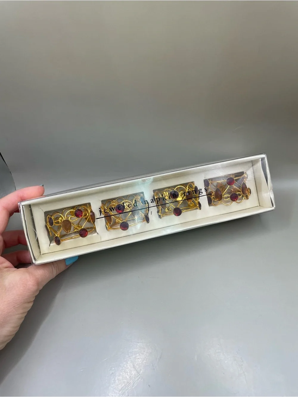 Pier One Imports Napkin Rings GoldTone Red & Amber Rhinestones Jeweled Set Of 4